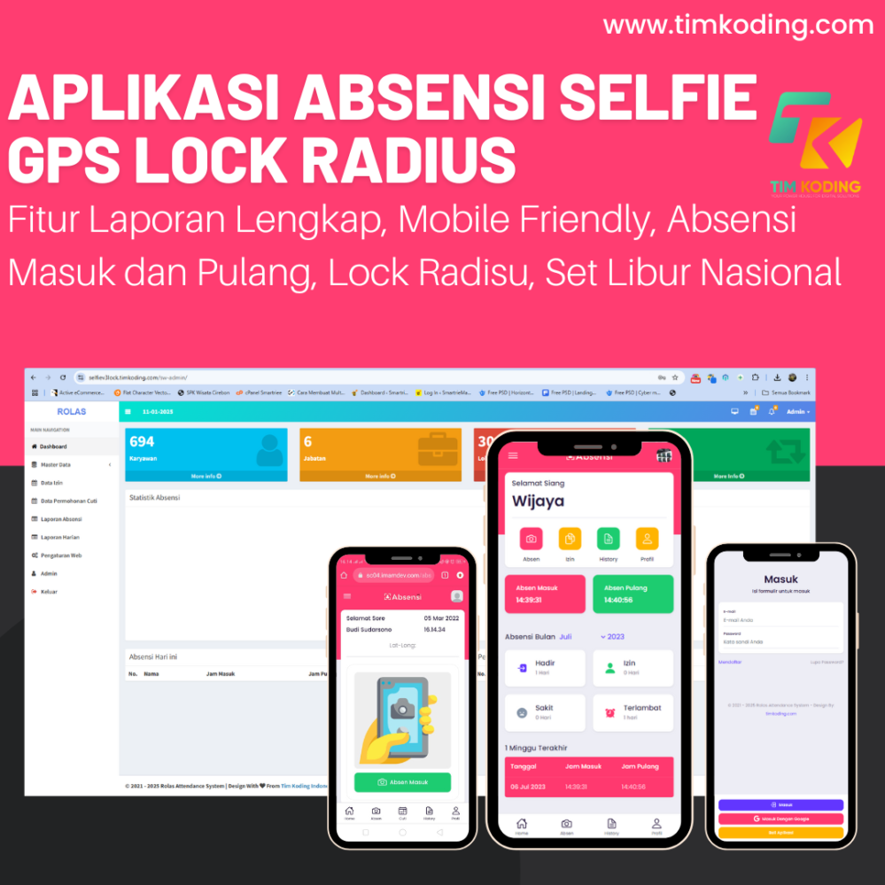 Source Code Absensi Online Absen Selfie & Deteksi Lokasi Berbasis Web + Lock Lokasi, Laporan Harian
